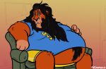  anthro belly big_belly black_hair clothed clothing disney fatdanwich felid fur furniture green_eyes hair hand_on_stomach hi_res lion male mammal mane moobs orange_body orange_fur overweight overweight_male pantherine scar_(the_lion_king) sitting sofa solo the_lion_king yellow_sclera 