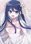  1girl :d alternate_costume bangs bare_shoulders blue_eyes bow bowtie bridal_veil collarbone danganronpa:_trigger_happy_havoc danganronpa_(series) dress grey_background grey_bow grey_bowtie hair_ornament hairclip jewelry maizono_sayaka mikao_(eanv5385) necklace open_mouth shiny shiny_hair skirt_hold sleeveless sleeveless_dress smile solo teeth upper_teeth veil wedding_dress white_dress 