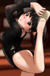  1girl absurdres ass bangs bent_over black_hair black_leotard blurry blurry_background blush brown_eyes commentary_request depth_of_field full-face_blush highres holding_legs ice_skates ice_skating indoors leg_up leotard long_hair long_sleeves looking_at_viewer matsunaga_kouyou open_mouth original polka_dot ponytail skates skating smile solo standing standing_on_one_leg 