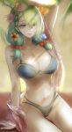  1girl arm_up bikini breasts ceres_fauna cleavage flower green_hair hair_flower hair_ornament highres hololive hololive_english horns large_breasts looking_at_viewer mole mole_under_eye navel sitting smile solo sunlight swimsuit tommy_(kingdukeee) yellow_eyes 