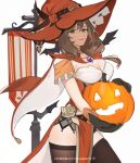  1girl alternate_color belt black_gloves black_legwear breasts brown_hair cleavage commentary english_commentary flagpole flower food from_side genshin_impact gloves green_eyes hair_flower hair_ornament hat hat_flower holding holding_food holding_pumpkin holding_vegetable jack-o&#039;-lantern lanhacy lisa_(genshin_impact) long_hair looking_at_viewer low-tied_long_hair orange_headwear patreon_username pelvic_curtain pumpkin simple_background smile solo standing thighhighs vegetable vision_(genshin_impact) white_background witch_hat 