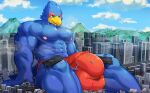  absurd_res anthro avian big_bulge bird blue_body bulge car city clothing destruction falco_lombardi genital_outline green_eyes hi_res highway macro male mayar mountain muscular muscular_male nintendo nipples sitting solo speedo star_fox swimwear tongue train vehicle video_games worship 