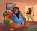 anthro belly big_belly clothed clothing disney dragontzin duo eyes_closed felid fur furniture hi_res lion male male/male mammal mane moobs orange_body orange_fur overweight overweight_male pantherine scar_(the_lion_king) simba sitting sofa the_lion_king 