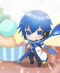  1boy :p bangs belt blue_eyes blue_hair blush chibi coat food headset high_collar holding holding_spoon ice_cream kaito_(vocaloid) kaito_(vocaloid3) kikuchi_mataha looking_to_the_side male_focus miniboy on_table oversized_object partially_unzipped scarf short_hair smile solo sparkle spoon table tongue tongue_out v-shaped_eyebrows vocaloid 