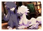  blurry border bright_pupils brown_eyes closed_mouth commentary_request frown furfrou highres ktyon3 looking_at_viewer lying pokemon pokemon_(creature) sign sitting smile white_border white_pupils 