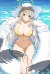  1girl band_(skymole01) bangs bikini blue_archive blush breasts commentary feet_out_of_frame front-tie_bikini front-tie_top green_eyes grey_hair hair_between_eyes innertube jacket large_breasts long_hair long_sleeves looking_at_viewer navel nonomi_(blue_archive) nonomi_(swimsuit)_(blue_archive) ocean open_clothes open_jacket see-through sitting smile solo stomach swimsuit thighs very_long_hair water white_headwear yellow_bikini 