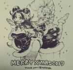  2017 5_fingers :d anthro big_hair biped bow_accessory breasts capelet christmas christmas_clothing cleavage clothed clothing cute_fangs double_bun dress duo felid female fingers fur fur_trim_(clothing) giant_panda gloves_(marking) hair hand_behind_back holidays humanoid_hands kemono leg_markings lion long_hair mammal markings medium_breasts merry_christmas mistletoe monochrome open_mouth open_smile pantherine plant raised_hand shoronpo side_slit smile socks_(marking) sparkles teteteko traditional_media_(artwork) ursid 
