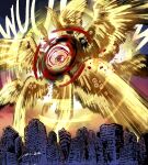  2022 ambiguous_gender angel biblically_accurate_angel carloromero city cityscape colored dated detailed_background digital_media_(artwork) digital_painting_(artwork) feathers hi_res levitation multi_eye multi_wing onomatopoeia red_lines red_sclera shaded signature solo sound_effects text wings yellow_body yellow_feathers 