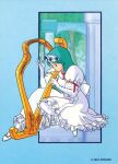  1991 1girl aqua_eyes aqua_hair bangs copyright dress framed full_body gloves harp holding holding_instrument instrument juliet_sleeves long_hair long_sleeves music non-web_source official_art pillar playing_instrument princess_melora profile puffy_sleeves scan sitting solo tiara twinbee white_dress white_gloves 