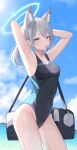  1girl absurdres arms_behind_head arms_up bag blue_archive blue_eyes blue_sky blush breasts cloud cloudy_sky competition_swimsuit contrapposto covered_navel cowboy_shot cross_hair_ornament day duffel_bag grey_hair hair_ornament hair_tie_in_mouth halo highleg highleg_swimsuit highres hiyayo25 looking_at_viewer medium_breasts mouth_hold one-piece_swimsuit outdoors ponytail shiroko_(blue_archive) shiroko_(swimsuit)_(blue_archive) shoulder_bag sidelocks sky solo standing sunlight swimsuit thighs two-tone_swimsuit wet 