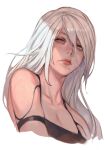  1girl android armband armlet asymmetrical_bangs bangs bare_shoulders black_shirt black_tank_top breasts cleavage closed_mouth collarbone grey_eyes hair_between_eyes hungry_clicker joints long_hair looking_to_the_side mole mole_under_mouth nier_(series) nier_automata robot_joints shirt solo tank_top upper_body white_background white_hair yorha_type_a_no._2 