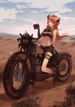  1girl absurdres arknights binoculars black_bandeau black_shorts braid cloud cloudy_sky cow_horns croissant_(arknights) croissant_(seeker)_(arknights) day desert fang goggles green_eyes ground_vehicle highres holding holding_binoculars horns long_hair midriff motor_vehicle motorcycle natsuba002 navel official_alternate_costume open_mouth orange_hair outdoors shorts sky solo 