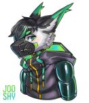  2020 anthro black_body black_clothing black_collar black_fur black_hair black_hoodie black_topwear clothing collar dipstick_ears eyebrows face_mask fur green_body green_eyebrows green_eyes green_fur hair hi_res hoodie jooshy jooshy_pawbsy latex latex_armwear looking_at_viewer male mammal multicolored_body multicolored_ears multicolored_fur rubber rubber_armwear simple_background solo topwear unknown_species white_background white_body white_fur 