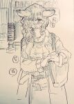  2017 anthro biped blush bodily_fluids breasts camelid cheek_tuft clothed clothing coat ears_down facial_tuft female fur fur_tuft hair hotel japanese_text jewelry kemono llama long_hair long_sleeves mammal medium_breasts necklace one_eye_obstructed open_clothing open_coat open_topwear pivoted_ears purse scrunchie sign smile solo sweat teteteko text topwear traditional_media_(artwork) tuft 