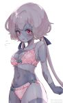  1girl artist_name blue_skin blush bra breasts chamame cleavage clenched_hand colored_skin grey_skin highres konno_junko long_hair looking_at_viewer low_twintails medium_breasts multicolored_skin navel open_mouth panties patchwork_skin pink_bra pink_panties red_eyes simple_background solo standing stitched_arm stitched_face stitched_leg stitched_torso stitches stomach twintails underwear white_background white_hair zombie zombie_land_saga 