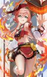  1girl :p absurdres antlers bangs bare_shoulders bibi_(obb_spl) black_bra book bra breasts cleavage commentary_request crop_top detached_sleeves fire genshin_impact green_eyes hair_between_eyes hat highres long_hair long_sleeves looking_at_viewer midriff pink_hair red_headwear scales skirt small_breasts smile solo tongue tongue_out underwear yanfei_(genshin_impact) 