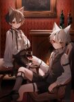  2boys absurdres ahoge alcohol animal_ear_fluff animal_ears armband armchair artist_self-insert black_hair black_ribbon blood blood_on_face bottle brooch cat cat_ears cat_tail chair coffee_table cup drinking_glass fire fireplace frilled_shirt frilled_shirt_collar frilled_sleeves frills gem green_eyes grey_hair heterochromia highres indie_virtual_youtuber jewelry legband legwear_garter lounge_chair male_focus multicolored_hair multiple_boys nail_polish necklace ookami_ciro ookami_ciro_(character) otozuki_teru_(vtuber) painting_(object) puffy_sleeves red_eyes red_gemstone ribbon shirt shoes short_hair shorts sleeve_cuffs socks streaked_hair tail wallpaper_(object) wine wine_bottle wine_glass 