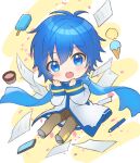  1boy :o bangs blue_eyes blue_hair blush cellphone chibi coat container double_scoop falling_petals food hands_up ice_cream ice_cream_cone kaito_(vocaloid) kikuchi_mataha long_sleeves looking_at_viewer male_focus open_mouth pants paper pencil petals phone popsicle scarf short_hair smartphone solo sparkle vocaloid 