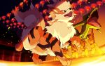  5boys arcanine bright_pupils brown_eyes commentary_request fangs from_below holding ktyon3 male_focus multiple_boys night open_mouth outdoors pokemon pokemon_(creature) rayquaza standing tongue white_pupils 