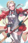  1girl axe cape closed_mouth edelgard_von_hresvelg fire_emblem fire_emblem:_three_houses fire_emblem_warriors:_three_hopes gloves hair_ornament hair_ribbon highres long_hair long_sleeves looking_at_viewer official_alternate_costume official_alternate_hairstyle purple_eyes radiostarkiller red_cape ribbon simple_background skirt smile solo white_hair 