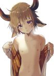  1boy androgynous animal_ears arknights bison_(arknights) blonde_hair blush cow_boy cow_ears cow_horns horns long_sleeves looking_at_viewer male_focus multicolored_hair nipples orange_hair otoko_no_ko purple_eyes short_hair solo sweatdrop undressing white_background yoruhachi 