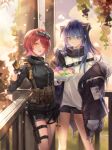  2girls ;d absurdres arknights bangs blue_eyes blue_hair bowl breasts eating exusiai_(arknights) eyewear_on_head food fruit fur_trim gloves hair_over_one_eye highres horns huangbanmimi jacket looking_at_viewer mostima_(arknights) multiple_girls off_shoulder one_eye_closed pouch red_hair shorts smile sunlight thigh_strap yellow_eyes 