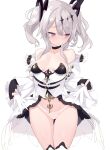  1girl ass_visible_through_thighs azur_lane bare_shoulders black_choker black_gloves blade_(galaxist) breasts breasts_apart choker closed_mouth cowboy_shot dress embarrassed fingerless_gloves gloves grey_hair highres joffre_(azur_lane) long_hair long_sleeves looking_away medium_breasts no_bra off_shoulder panties parted_lips pink_eyes see-through showgirl_skirt solo standing sweatdrop thighhighs thighs twintails underwear white_dress white_legwear white_panties 