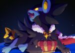  claws colored_sclera commentary_request crown fangs highres ktyon3 looking_down luxray lying open_mouth pokemon pokemon_(creature) red_sclera tongue yellow_eyes yellow_pupils 