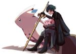  1boy ahoge armor bangs black_footwear boots byleth_(fire_emblem) byleth_(fire_emblem)_(male) cape closed_mouth commentary_request crossover fire_emblem fire_emblem:_three_houses gloves green_eyes green_hair highres kirby kirby_(series) ktyon3 male_focus pokemon pokemon_(creature) short_hair sitting stone sword togekiss weapon white_background 