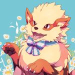  arcanine bow bowtie bright_pupils brown_eyes claws commentary_request falling_petals fangs flower highres ktyon3 open_mouth petals pokemon pokemon_(creature) tongue tongue_out white_flower white_pupils 
