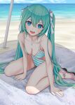  1girl :d arm_support bangs beach beach_towel beach_umbrella bikini blue_eyes blue_hair blush day hair_ribbon hatsune_miku highres jewelry leaning_forward long_hair looking_at_viewer nail_polish necklace nekoinu_bamboo ocean open_mouth ribbon sand sandals sitting sky smile solo striped striped_bikini swimsuit towel twintails umbrella under_umbrella very_long_hair vocaloid wariza 