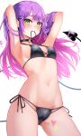  1girl absurdres armpits arms_behind_head arms_up bikini black_bikini black_choker breasts choker demon_girl demon_tail green_eyes hair_ornament hairclip highres hololive long_hair looking_at_viewer multicolored_hair navel o-ring o-ring_choker pink_hair pointy_ears purple_hair pyytato sidelocks simple_background small_breasts solo stomach streaked_hair swimsuit tail tokoyami_towa two-tone_hair virtual_youtuber white_background 