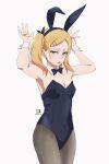  1girl animal_ears armpits bare_shoulders black_legwear black_leotard blonde_hair breasts bunny_pose cleavage commentary_request cowboy_shot dated fake_animal_ears grey_eyes hair_ornament hairclip half-closed_eyes hands_up headband highres leotard looking_at_viewer medium_hair miyahara_takuya mole mole_under_eye open_mouth pantyhose playboy_bunny rabbit_ears shirobako short_twintails simple_background small_breasts solo strapless strapless_leotard twintails white_background white_wrist_cuffs wrist_cuffs yano_erika 