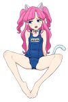  1girl aikatsu! aikatsu!_(series) amahane_madoka animal_ears bare_arms bare_legs bare_shoulders barefoot belt_collar blue_eyes blue_swimsuit cat_ears cat_tail collar fake_animal_ears fang full_body hairband highres kemonomimi_mode long_hair looking_away looking_to_the_side name_tag old_school_swimsuit one-piece_swimsuit open_mouth osame pink_hair school_swimsuit simple_background sitting solo spread_legs swimsuit tail two_side_up white_background 