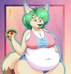  2018 anthro belly belly_overhang big_belly big_breasts black_nose border bottomwear brasslion breasts brown_body brown_fur cleavage cleavage_overflow clothed clothing countershade_fur countershade_torso countershading cute_fangs domestic_cat felid feline felis female food fur green_hair hair half-closed_eyes hand_on_stomach hazel_verday holding_food holding_object hotpants hybrid inner_ear_fluff looking_down mammal narrowed_eyes navel obese obese_anthro obese_female outline overweight overweight_anthro overweight_female pizza procyonid raccoon shirt shorts signature simple_background solo tan_body tan_fur tank_top thick_thighs tongue tongue_out topwear tuft weight_gain white_body white_countershading white_fur 
