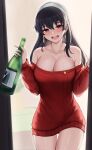  1girl :d absurdres bare_shoulders black_hair bottle breasts cleavage collarbone cowboy_shot doorway dress earrings gold_earrings hairband hands_up highres holding holding_bottle jewelry large_breasts long_hair looking_at_viewer no_legwear no_pants off-shoulder_sweater off_shoulder open_mouth red_eyes red_sweater ronabel sidelocks smile solo spy_x_family straight_hair sweater sweater_dress teeth thighs upper_teeth white_hairband yor_briar 