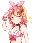  1girl arm_up bare_shoulders bikini blush breasts cleavage closed_eyes eyewear_on_head flower frilled_bikini frills front-tie_bikini front-tie_top gochuumon_wa_usagi_desu_ka? hair_between_eyes hair_flower hair_ornament hair_ribbon heart heart-shaped_eyewear hoto_cocoa kiyo_(yamazoe1122) medium_breasts medium_hair midriff navel orange_hair pink_bikini ribbon scrunchie short_twintails sidelocks simple_background smile star_(symbol) striped striped_bikini sunglasses swimsuit twintails upper_body white_background wrist_scrunchie 