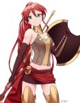  1girl ar_jart armlet armor armored_boots belt boots breastplate breasts buckle circlet cleavage elbow_gloves forehead_protector gloves gorget green_eyes javelin_(spear) leg_armor long_hair looking_at_another milo_and_akouo miniskirt polearm ponytail pyrrha_nikos red_hair rwby sarong shield skirt smile solo spear vambraces weapon weapon_behind_back 
