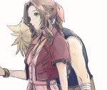  1boy 1girl aerith_gainsborough ancotsubu armor_removed bandaged_arm bandages bangle bangs belt blonde_hair blue_shirt bracelet braid braided_ponytail brown_hair choker cloud_strife couple cropped_jacket dress final_fantasy final_fantasy_vii final_fantasy_vii_remake green_eyes hair_ribbon head_on_another&#039;s_shoulder jacket jewelry multiple_bracelets parted_bangs pink_dress red_jacket ribbon shirt short_sleeves sleeveless sleeveless_turtleneck spiked_hair turtleneck upper_body white_background 