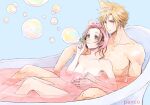  1boy 1girl aerith_gainsborough ancotsubu arm_around_waist asymmetrical_hair bangs bath bathtub blonde_hair blue_background blue_eyes bow breasts brown_hair bubble bubble_bath bubble_blowing cleavage cloud_strife completely_nude couple final_fantasy final_fantasy_vii final_fantasy_vii_remake green_eyes hair_up medium_breasts navel nude parted_bangs partially_submerged pink_bow pink_water spiked_hair 