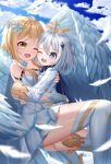  2girls ;d absurdres bangs blonde_hair blue_sky breasts cheek-to-cheek cleavage cloud cloudy_sky commentary_request detached_sleeves dress feathered_wings flower genshin_impact grey_eyes hair_between_eyes hair_flower hair_ornament heads_together highres hug long_sleeves looking_at_another lumine_(genshin_impact) mechanical_halo multiple_girls one_eye_closed paimon_(genshin_impact) short_hair short_hair_with_long_locks sidelocks sky skym_(kumei) smile white_dress white_legwear white_wings wings yellow_eyes 