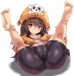  1girl ass barefoot bike_shorts black_shorts breasts brown_eyes brown_hair cameltoe feet guilty_gear hat karukan_(monjya) kneepits legs long_hair looking_at_viewer lying may_(guilty_gear) on_back orange_headwear orange_shirt shirt shorts small_breasts smile soles solo spread_legs thighs toes 