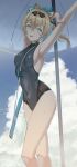  1girl :p arm_behind_head armpits arms_up bangs bare_arms bare_legs bare_shoulders beach_umbrella black_hairband blonde_hair blue_eyes blue_sky breasts cloud commentary_request contrail covered_navel hair_between_eyes hairband highres hololive kazama_iroha looking_at_viewer medium_hair one-piece_swimsuit ponytail sheath sky small_breasts solo swimsuit sword thighs tongue tongue_out umbrella virtual_youtuber weapon yanagino_(yanagino3) 