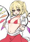  1girl :d bikini blonde_hair blush breasts bright_pupils collarbone fang flandre_scarlet highres looking_at_viewer medium_hair navel one_side_up open_mouth pointy_ears puffy_short_sleeves puffy_sleeves red_bikini red_eyes red_skirt short_sleeves simple_background skirt small_breasts smile solo suwa_yasai swimsuit symbol-only_commentary touhou undressing upper_body white_background white_pupils wings 