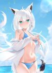  1girl :/ absurdres ahoge animal_ear_fluff animal_ears aqua_eyes bare_shoulders bikini blue_bikini blue_sky blush braid breasts cloud cloudy_sky cowboy_shot dot_nose floating_hair fox_ears fox_girl fox_tail hair_between_eyes halterneck highres hololive long_hair long_sleeves looking_at_viewer miaohik off_shoulder open_clothes open_shirt outdoors own_hands_together revision shirakami_fubuki shirt side-tie_bikini sky small_breasts solo standing star_(symbol) stomach string_bikini sunlight swimsuit tail thighs virtual_youtuber water white_hair white_shirt 