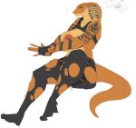  5_fingers abs anthro big_breasts bodily_fluids breasts carsen claws clothed clothing cobra cum female fingers genital_fluids hi_res muscular muscular_anthro muscular_female nipples orange_body orange_eyes reptile scalie simple_background snake solo sweat tattoo thick_thighs wide_hips 