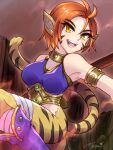  1girl animal_ears bandages boots bottomless breath_of_fire breath_of_fire_ii bustier cat_ears cat_girl facial_mark fangs highres orange_hair rinpoo_chuan short_hair slit_pupils smile staff tail tiger_tail yellow_eyes 