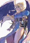  1girl angel_wings blonde_hair blue_dress boots breasts breath_of_fire breath_of_fire_ii bridal_gauntlets capcom dress green_eyes highres long_hair nanpou_(nanpou0021) nina_(breath_of_fire_ii) puffy_sleeves purple_wings side_slit simple_background thighs wings 