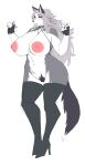  absurd_res anthro big_breasts blush bodily_fluids breasts canid canid_demon carsen claws clothed clothing demon female fluffy fluffy_tail fur genitals gloves grey_body grey_fur grey_hair hair handwear hellhound helluva_boss hi_res legwear loona_(helluva_boss) mammal multicolored_body multicolored_fur nipples open_mouth partially_clothed pubes pussy red_eyes simple_background solo stockings sweat thick_thighs tongue white_body white_fur wide_hips 