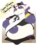  2022 96panda absurd_res alp_(tas) anthro belly big_belly blush bodily_fluids bulge clothed clothing clothing_lift giant_panda hat headgear headwear hi_res humanoid_hands kemono lifewonders male mammal navel overweight overweight_male purple_body shirt shirt_lift solo sweat text tokyo_afterschool_summoners topwear underwear ursid video_games white_body 